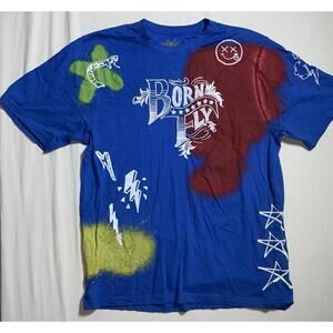 Born Fly T-Shirt Mens Size 2X Blue AOP Streetwear Short Sleeve Crew Neck Stretch